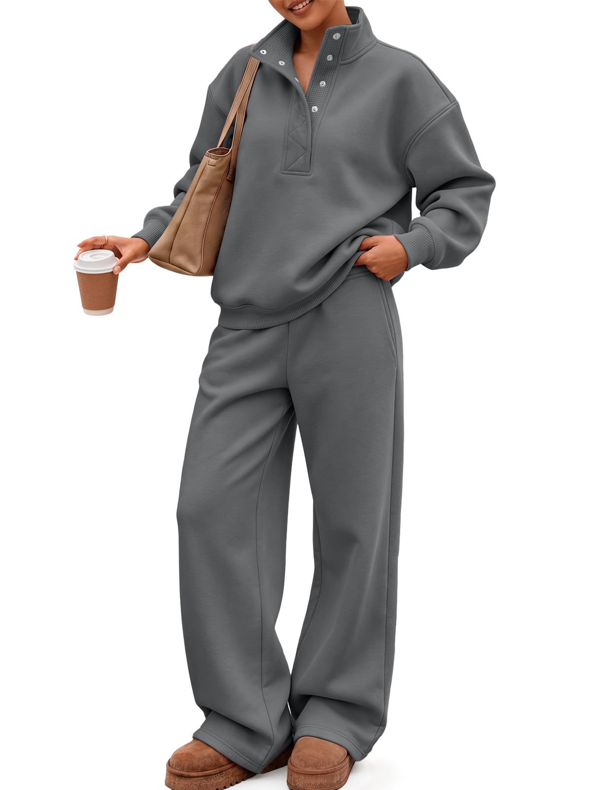 Trendy Queen Women's 2 Piece Oversized Sweatsuits Snap Button Mock Neck